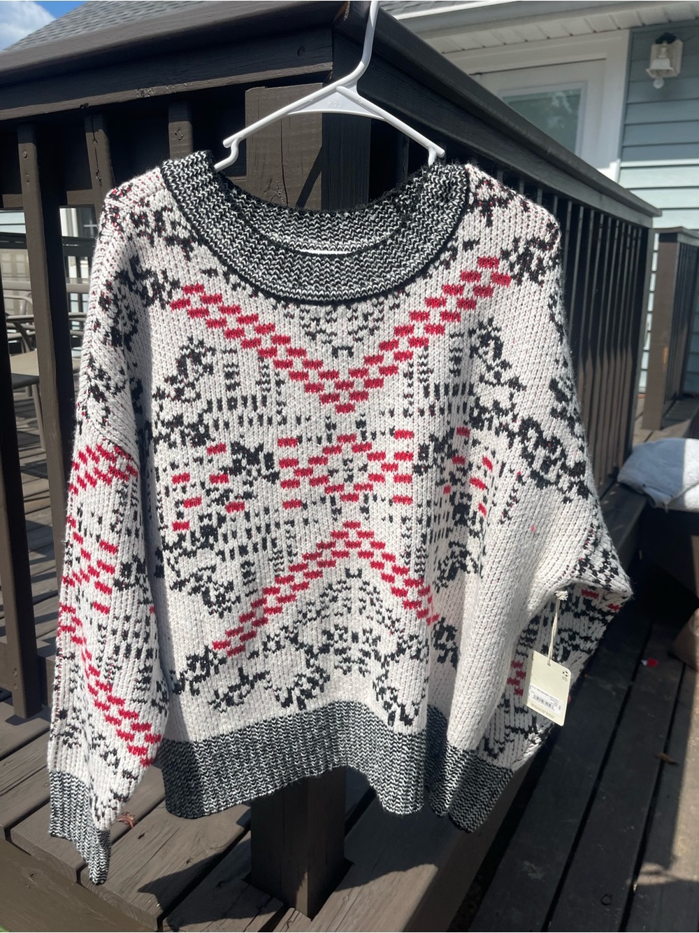 A.N.A Cozy Fair Isle Crewneck Sweater in Cream, navy & Red